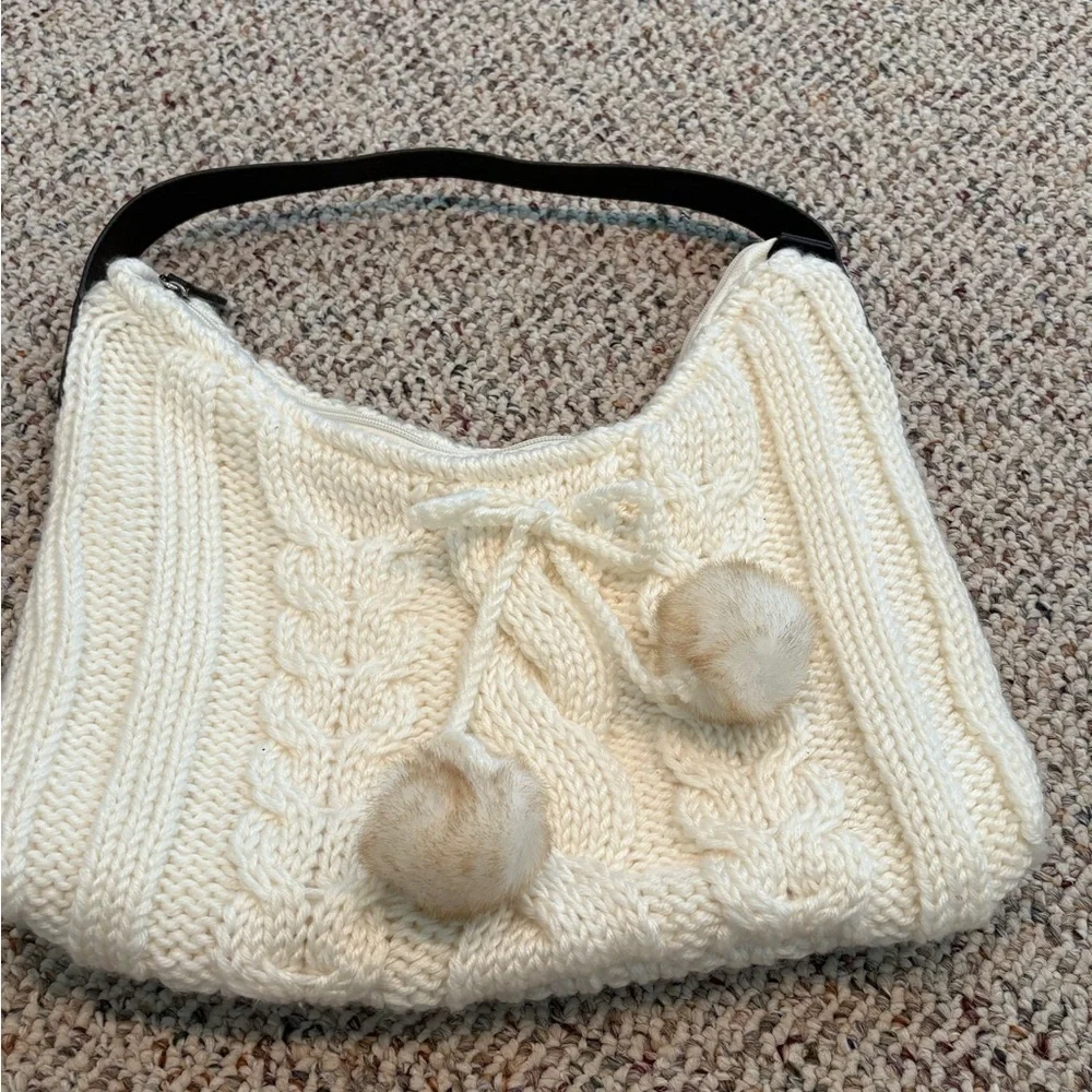 Cozy Knit Shoulder Bag in Cream With Pom Poms